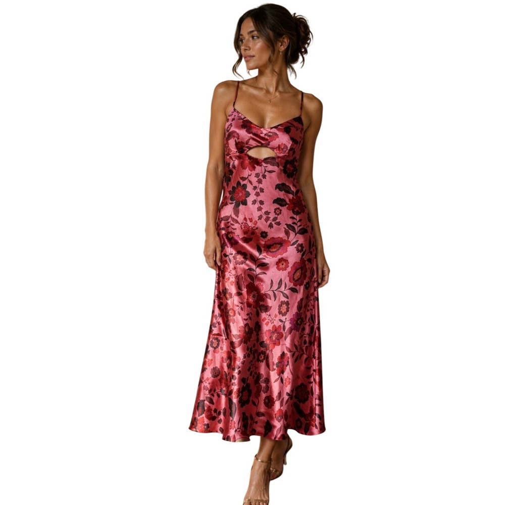 House of Harlow 1960 Satin Cutout Midi Dress Medium Pink Floral Romantic Slip